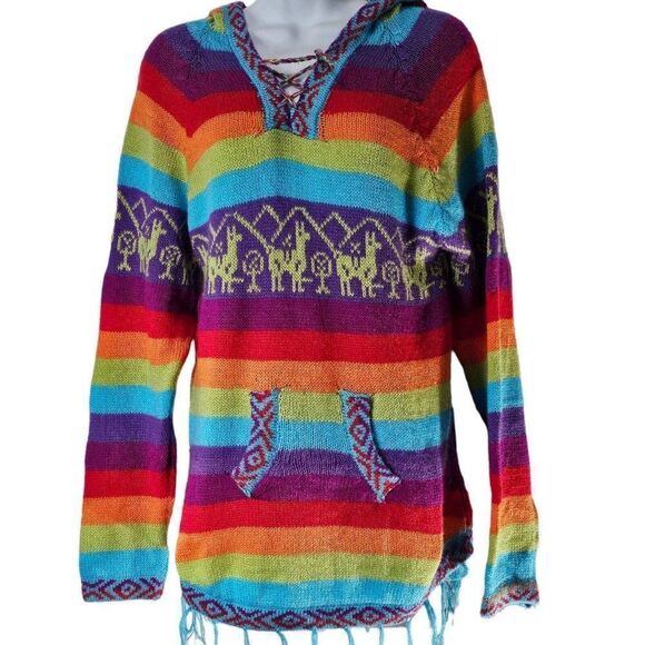 Sweater Hooded Peru Peruvian Alpaca Womens Size Small Rainbow Hoodie - Picture 1 of 10